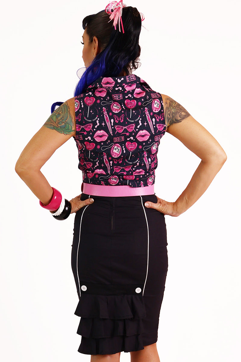 Doll Face Pink & Black Printed Retro Tie Shirt