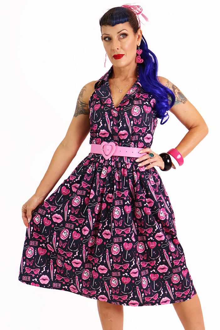 Doll Face Pink & Black Printed Retro Collar Dress