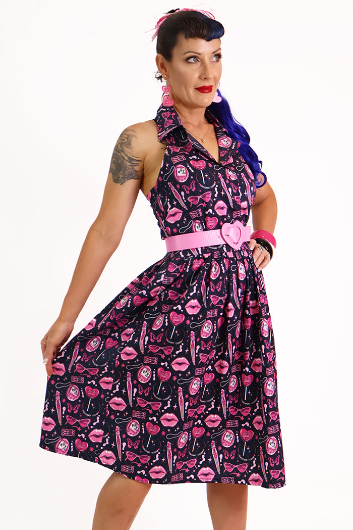 Doll Face Pink & Black Printed Retro Collar Dress