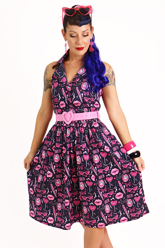 Doll Face Pink & Black Printed Retro Collar Dress