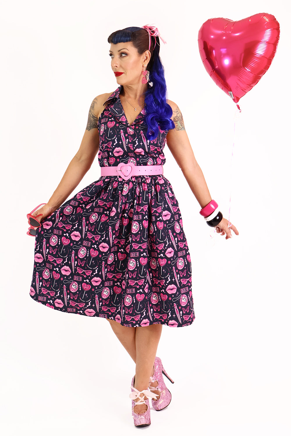 Doll Face Pink & Black Printed Retro Collar Dress