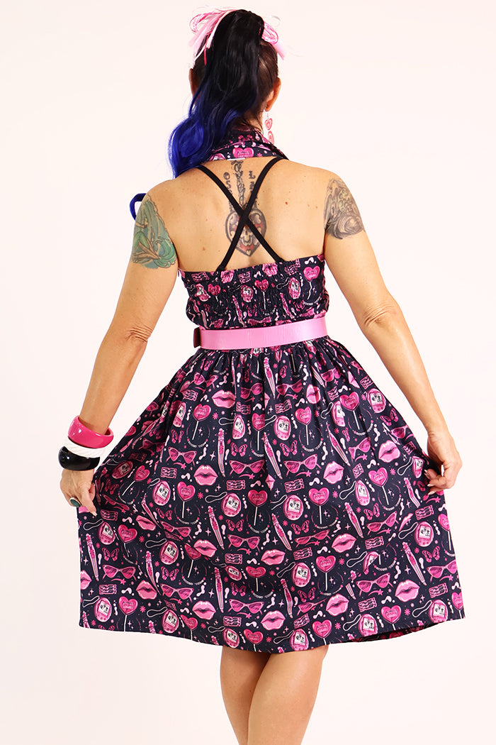 Doll Face Pink & Black Printed Retro Collar Dress