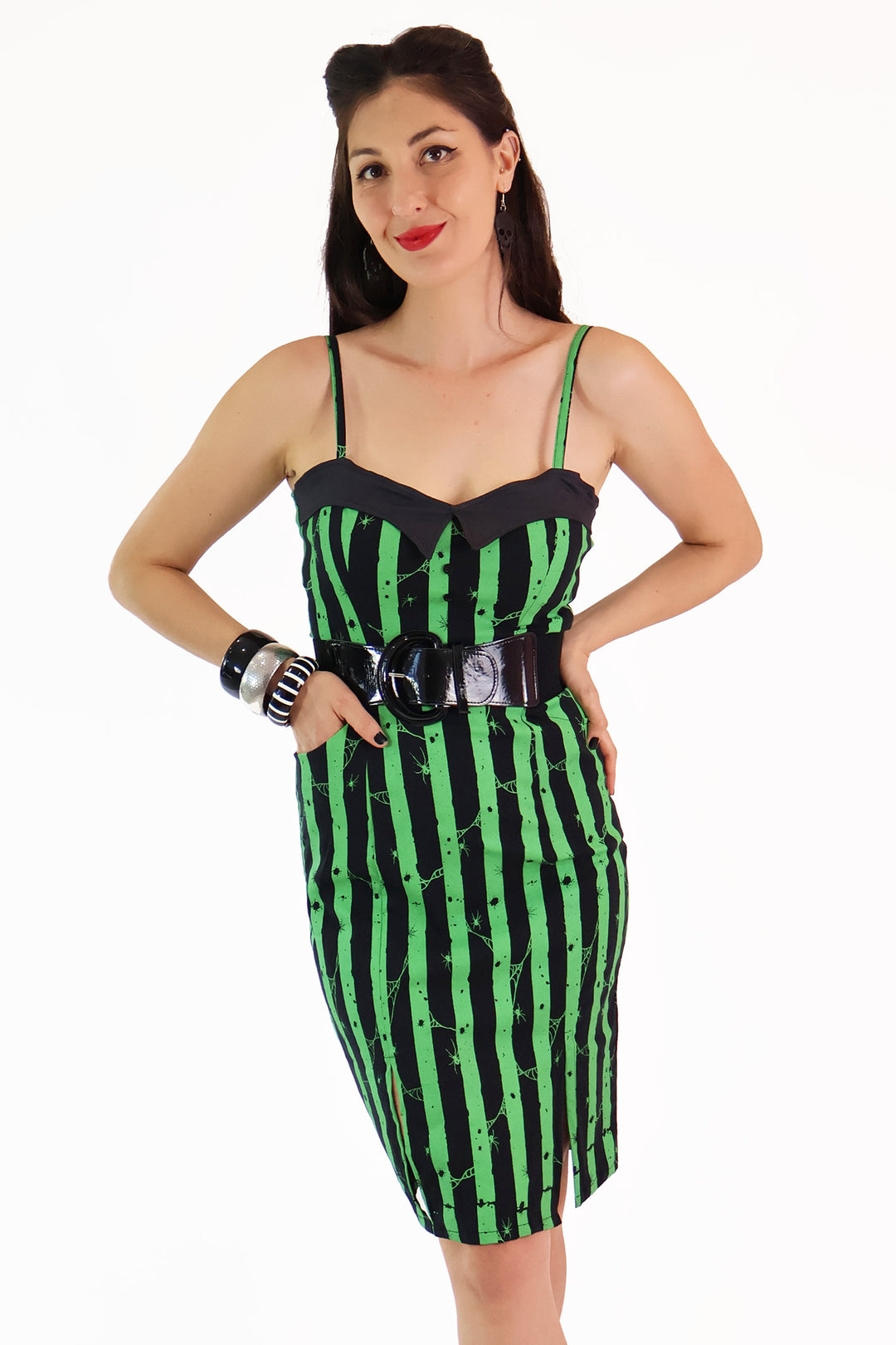 Green Spooky Stripe Pencil Dress