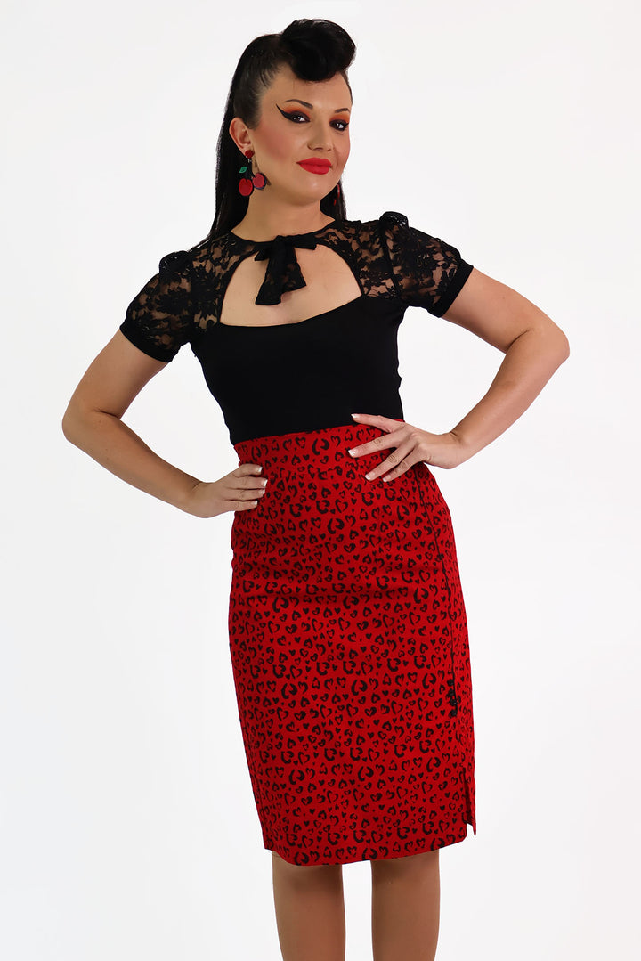 Red Heart Leopard Pencil Skirt