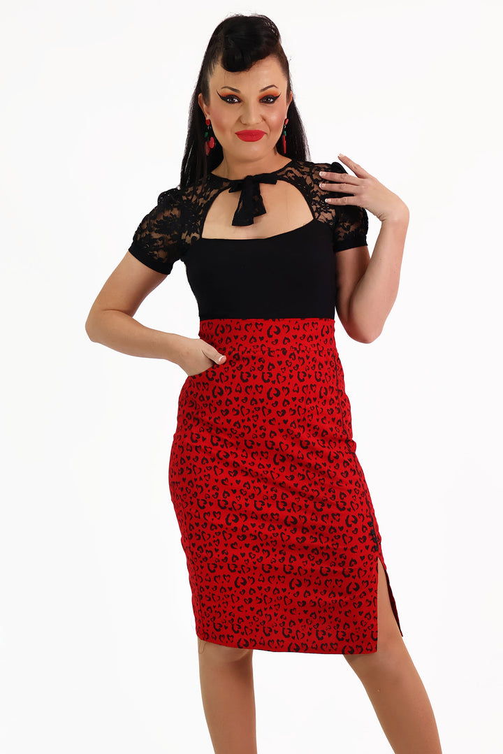 Red Heart Leopard Pencil Skirt